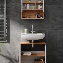 Ensemble Meuble De Salle De Bains|Vicco Ensemble meubles bain Blanc brillant/Chêne doré 2 pièces, armoire basse 60 cm