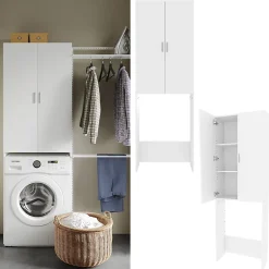 Vicco Meuble de machine à laver Blanc 64x190cm avec 2 portes longues