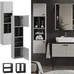Vicco Meuble salle de bain Gris 37.5x150cm avec porte et compartiments ouverts