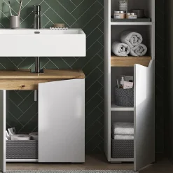 Vicco Meuble salle de bain Blanc 30x180cm avec portes, et compartiments ouverts