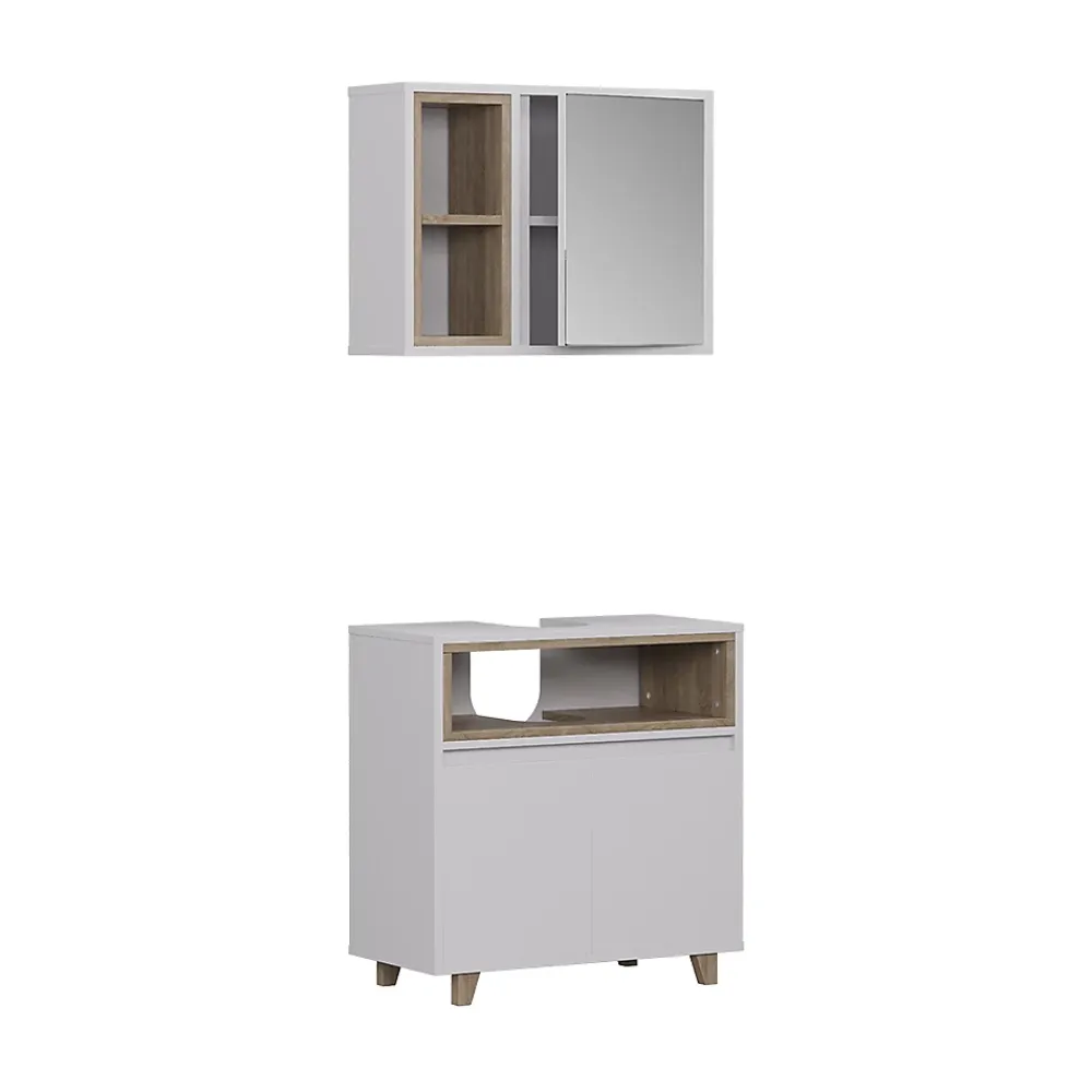 Vicco Meubles bain blanc/chêne avec armoire à glace et meuble bas