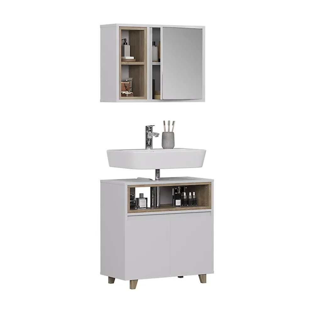 Vicco Meubles bain blanc/chêne avec armoire à glace et meuble bas