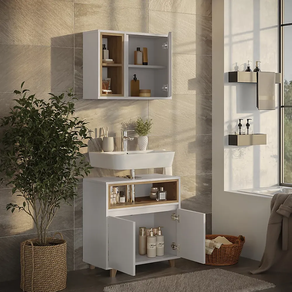 Vicco Meubles bain blanc/chêne avec armoire à glace et meuble bas