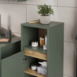 Armoire De Salle De Bains|Vicco Midischrank Vert/Artisan 33x80cm avec porte et étagère ouverte