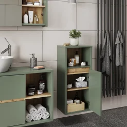 Armoire De Salle De Bains|Vicco Midischrank Vert/Artisan 33x80cm avec porte et étagère ouverte