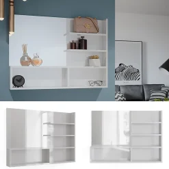 Armoire De Toilette|Vicco Miroir mural Blanc Haute brillance 89.8x65cm avec compartiments ouverts