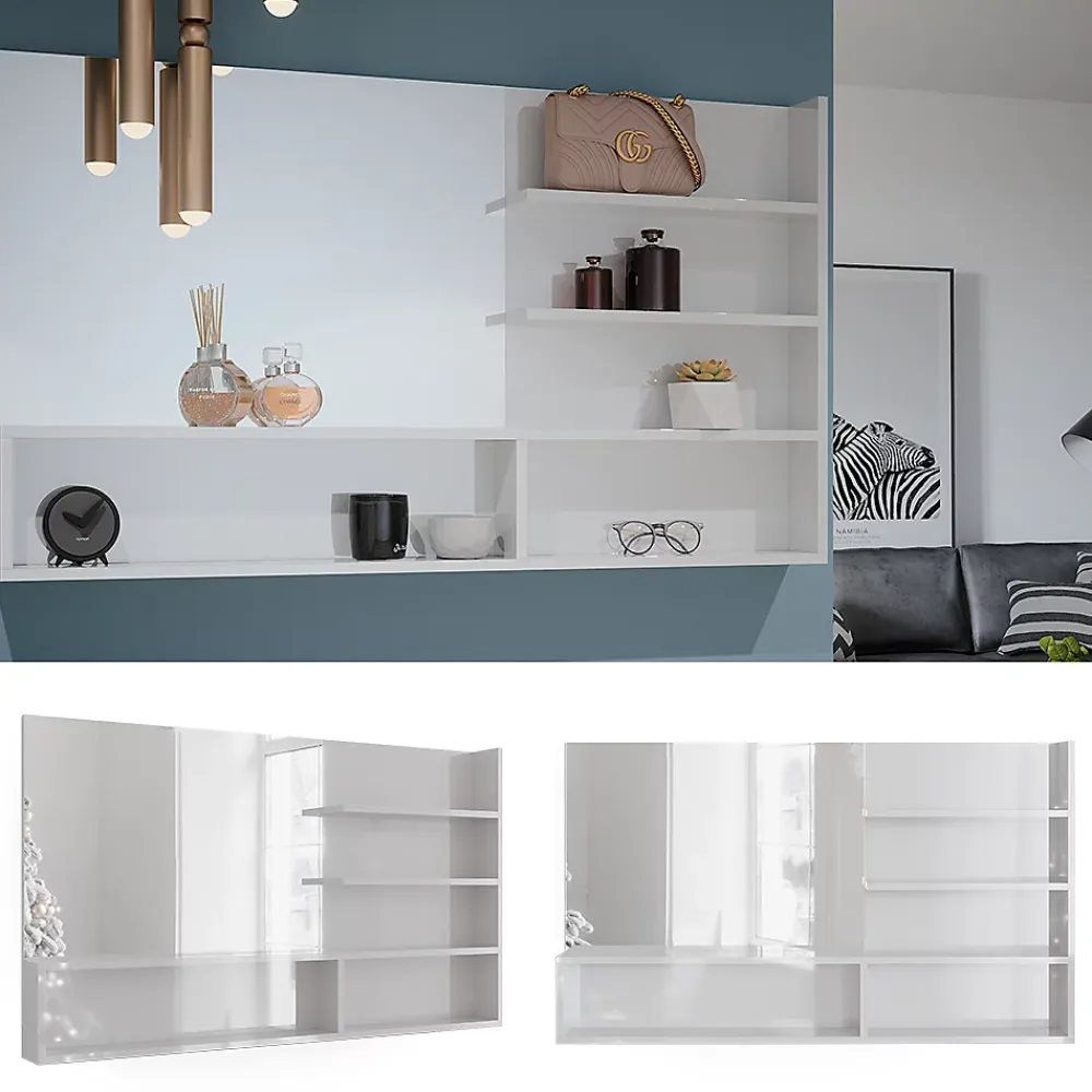 Vicco Étagère à miroir Blanc Haute brillance 119.8x70cm avec compartiments ouverts