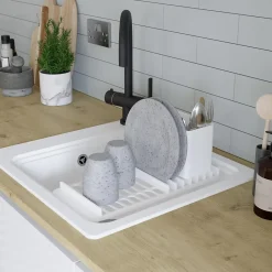 Evier Et Robinet De Buanderie|GoodHome Évier de cuisine 1 cuve en composite de quartz blanc mat avec accessoires Romesco