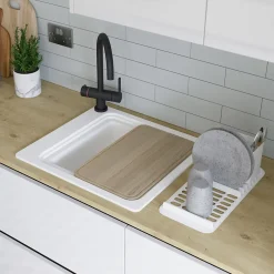 Evier Et Robinet De Buanderie|GoodHome Évier de cuisine 1 cuve en composite de quartz blanc mat avec accessoires Romesco