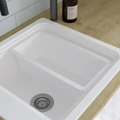 Evier Et Robinet De Buanderie|GoodHome Évier de cuisine 1 cuve en composite de quartz blanc mat avec accessoires Romesco