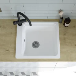 Evier Et Robinet De Buanderie|GoodHome Évier de cuisine 1 cuve en composite de quartz blanc mat avec accessoires Romesco