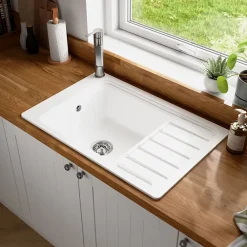 GoodHome Évier de cuisine 1 cuve et 1 égouttoir en composite de quartz blanc mat avec accessoires Romesco