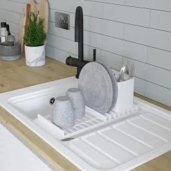 GoodHome Évier de cuisine 1 cuve et 1 égouttoir en composite de quartz blanc mat avec accessoires Romesco