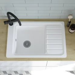 GoodHome Évier de cuisine 1 cuve et 1 égouttoir en composite de quartz blanc mat avec accessoires Romesco