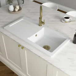 Evier Et Robinet De Buanderie|GoodHome Évier de cuisine 1 cuve et 1 égouttoir en céramique blanc Steinfield