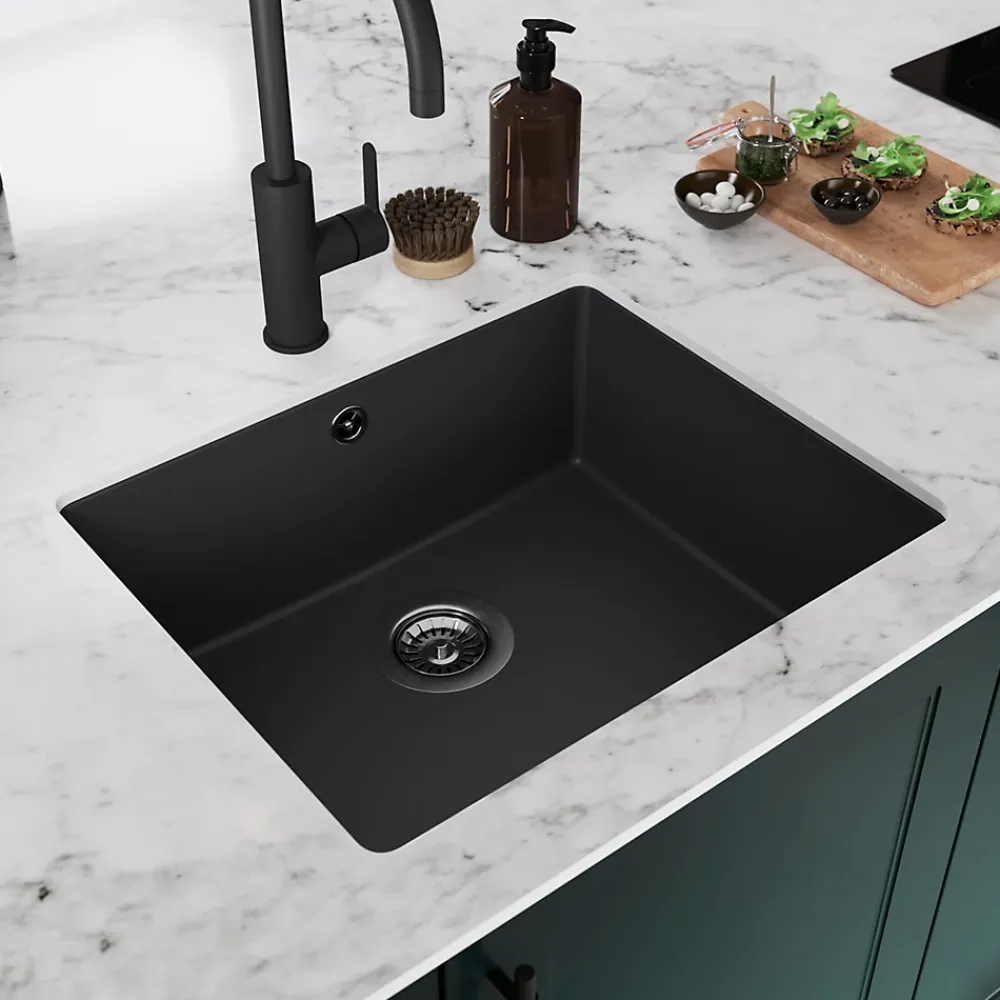Evier Et Robinet De Buanderie|GoodHome Évier de cuisine en composite de quartz noir mat 1 bac à encastrer Sorrel
