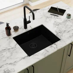 Evier Et Robinet De Buanderie|GoodHome Évier de cuisine en composite de quartz noir mat 1 bac à encastrer Sorrel