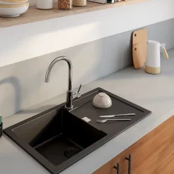 Evier Et Robinet De Buanderie|GoodHome Évier de cuisine en composite de quartz noir 1 bac à encastrer Hawking + égouttoir