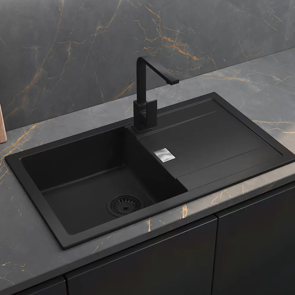 Evier Et Robinet De Buanderie|GoodHome Évier de cuisine en composite de quartz noir 1 bac à encastrer Hawking + égouttoir