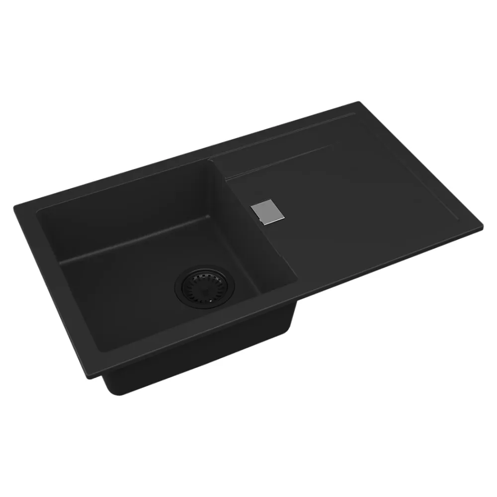 Evier Et Robinet De Buanderie|GoodHome Évier de cuisine en composite de quartz noir 1 bac à encastrer Hawking + égouttoir