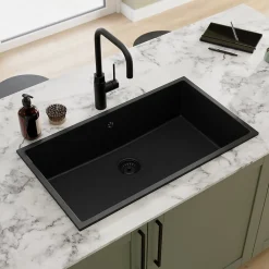 Evier Et Robinet De Buanderie|GoodHome Évier de cuisine en composite de quartz noir 1 bac à encastrer Sorrel