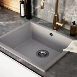Evier Et Robinet De Buanderie|GoodHome Évier de cuisine en composite de quartz gris mat 1 bac à encastrer Sorrel