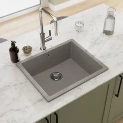 Evier Et Robinet De Buanderie|GoodHome Évier de cuisine en composite de quartz gris mat 1 bac à encastrer Sorrel