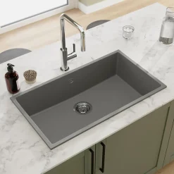 GoodHome Évier de cuisine en composite de quartz gris 1 bac à encastrer Sorrel