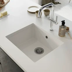 Evier Et Robinet De Buanderie|GoodHome Évier de cuisine en composite de quartz blanc mat 1 bac à encastrer Sorrel