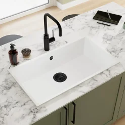 GoodHome Évier de cuisine en composite de quartz blanc 1 bac à encastrer Sorrel