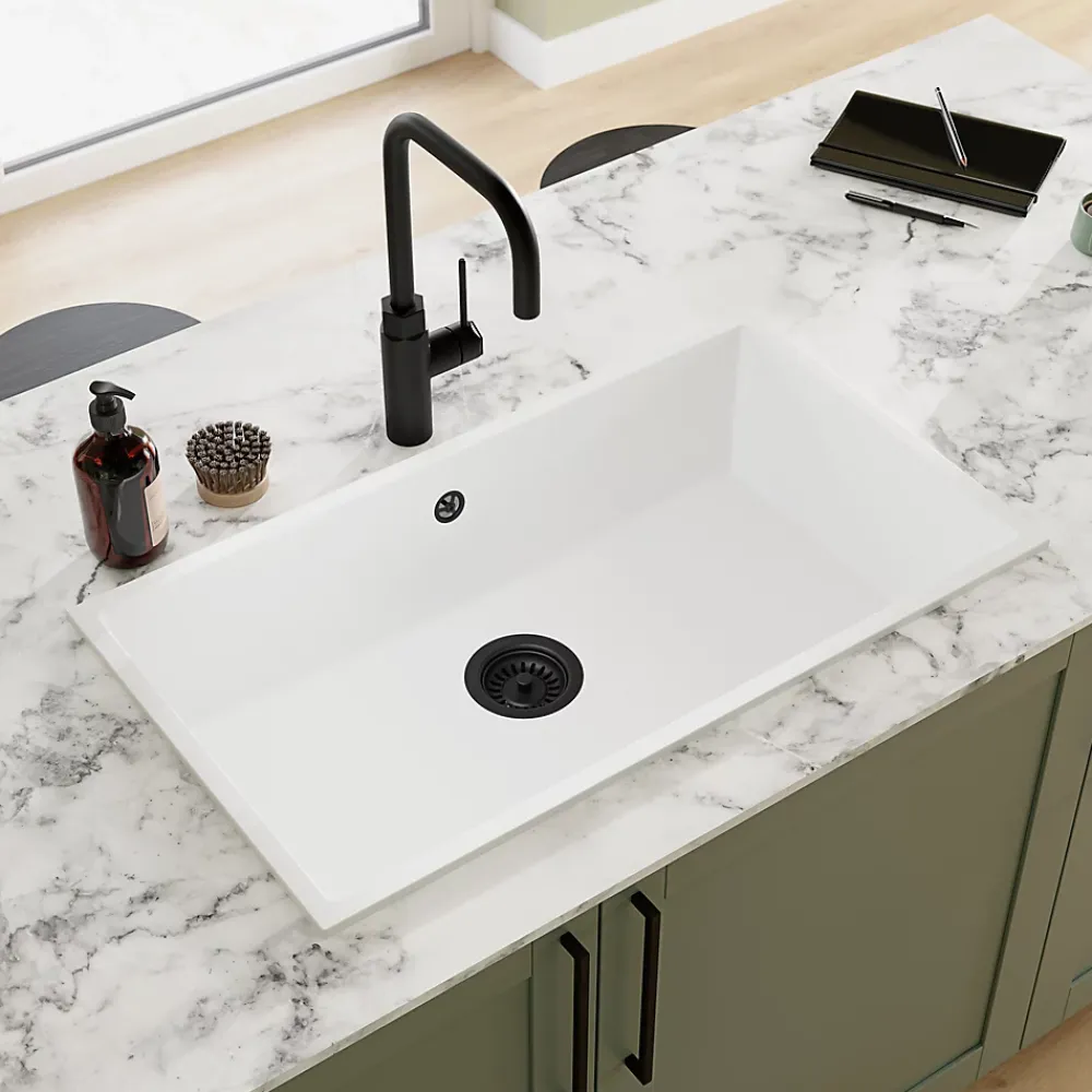 GoodHome Évier de cuisine en composite de quartz blanc 1 bac à encastrer Sorrel