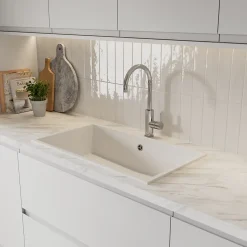 GoodHome Évier de cuisine en composite de quartz blanc 1 bac à encastrer Sorrel