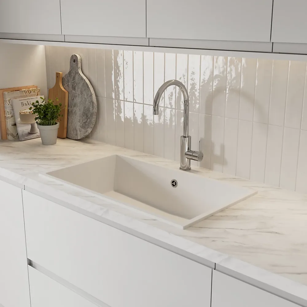 GoodHome Évier de cuisine en composite de quartz blanc 1 bac à encastrer Sorrel