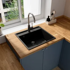 GoodHome Évier de cuisine en composite de quartz noir 1 bac à encastrer Hirase
