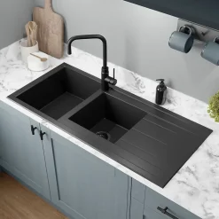 GoodHome Évier de cuisine en résine noir 2 bacs à encastrer et égouttoir Keluak
