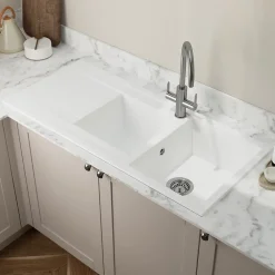 GoodHome Évier de cuisine en résine blanc 2 bacs à encastrer et égouttoir Keluak