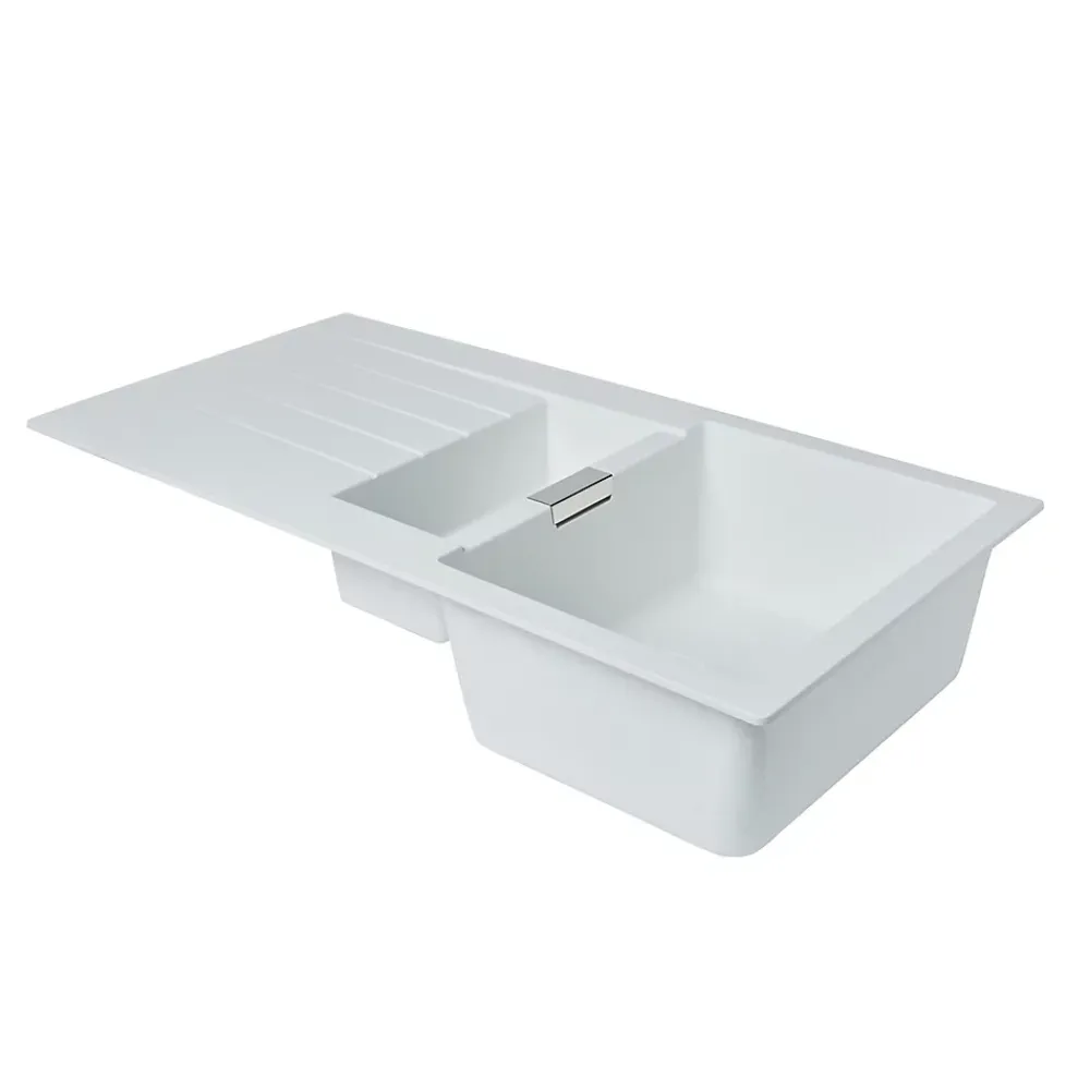 GoodHome Évier en composite de quartz blanc 1,5 bacs à encastrer Torla