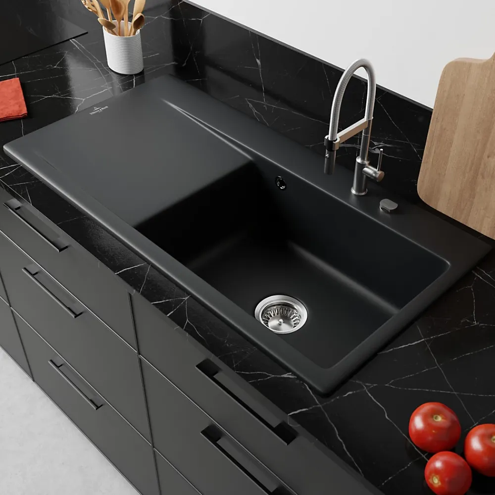 Villeroy & Boch Évier en céramique 1 cuve à droite à encastrer Subway Style noir mat