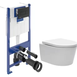 Villeroy & Boch Pack WC Bâti-support sol mur + WC SAT sans bride + Abattant SoftClose + Plaque noire (VCNSAT4)