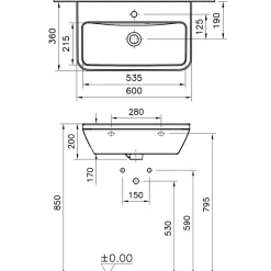 Lavabo|Vitra Integra Lavabo suspendu 60x36 cm avec trou pour robinetterie au milieu, Blanc (7088-003-0001)