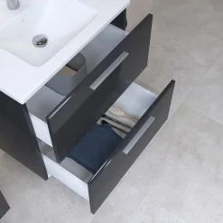 Ensemble Meuble De Salle De Bains|Vitra Mia ensemble meuble préassemblé 59x61x39,5 cm avec lavabo, miroir et éclairage LED, Anthracite brillant (MIASET60A)