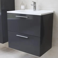 Ensemble Meuble De Salle De Bains|Vitra Mia ensemble meuble préassemblé 59x61x39,5 cm avec lavabo, miroir et éclairage LED, Anthracite brillant (MIASET60A)