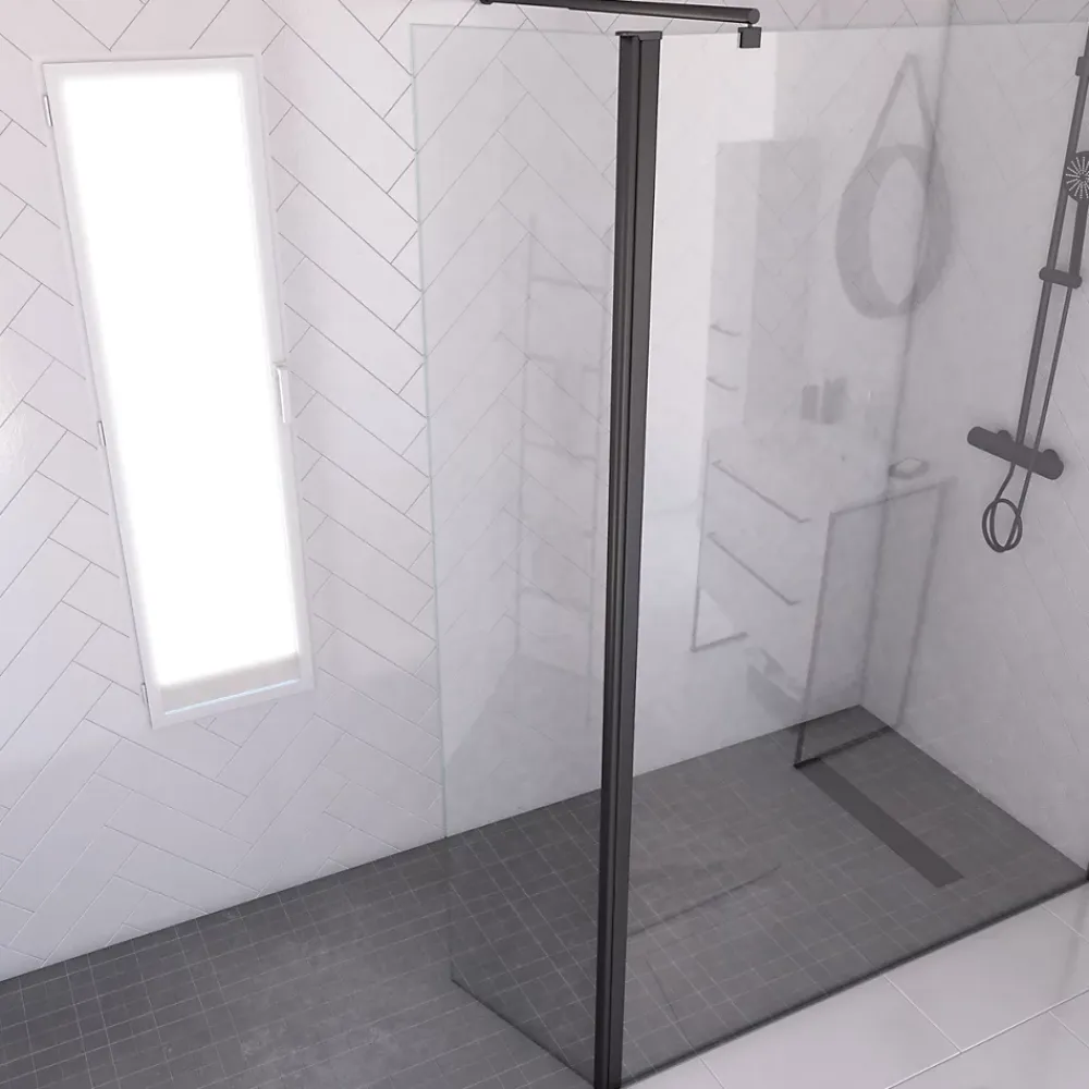 Aurlane Volet pivotant pour paroi de douche fixe - 40x200cm - Verre transparent 6mm - Profile Noir Mat