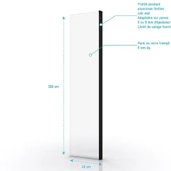 Aurlane Volet pivotant pour paroi de douche fixe - 40x200cm - Verre transparent 6mm - Profile Noir Mat