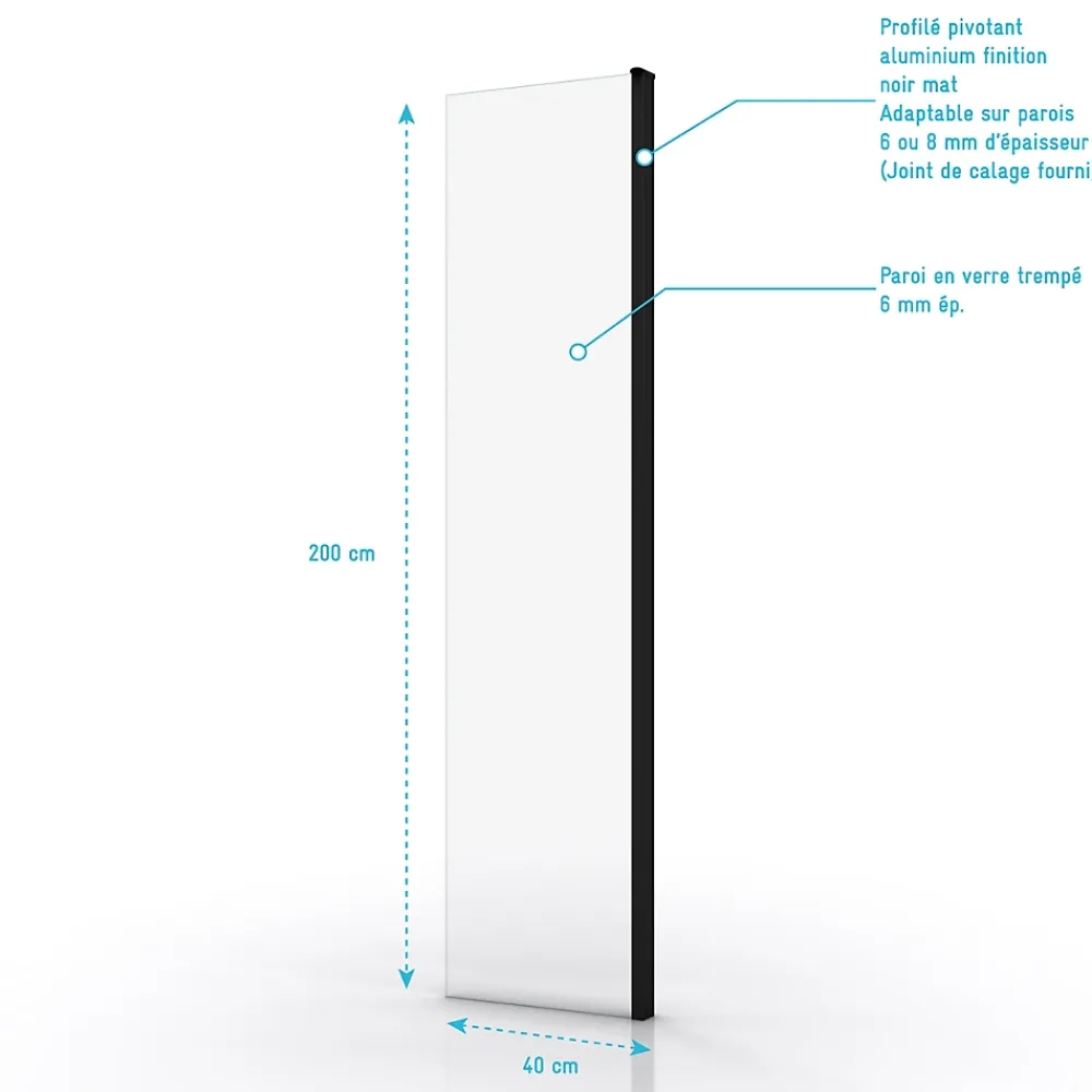 Aurlane Volet pivotant pour paroi de douche fixe - 40x200cm - Verre transparent 6mm - Profile Noir Mat