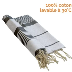 Vivezen Véritable fouta Tunisienne 1m x 2m tissage à plat 100% coton 380g - Blanc cassé et gris foncé -