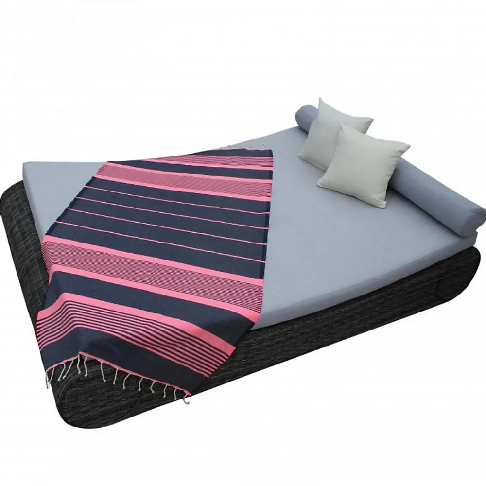 Serviette De Bain|Vivezen Véritable fouta Tunisienne 1m x 2m tissage à plat 100% coton 380g - Gris foncé et rose -
