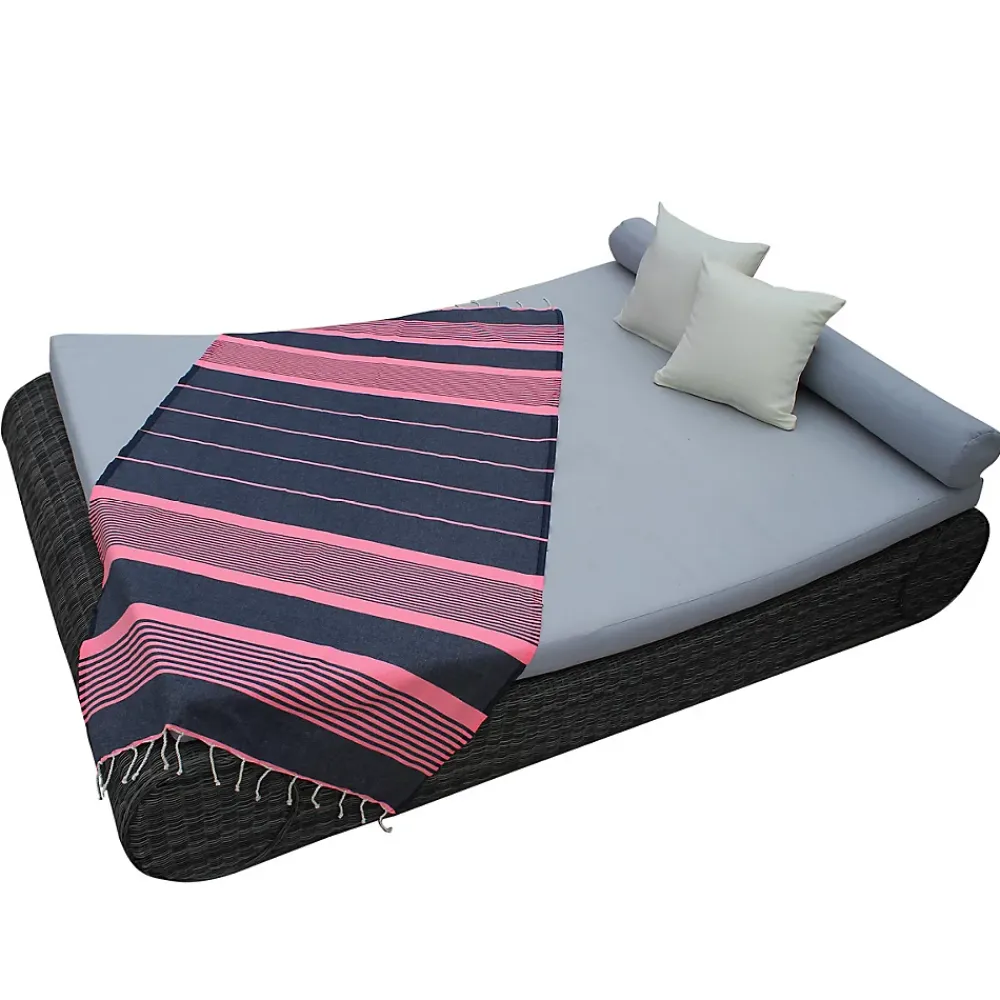 Serviette De Bain|Vivezen Véritable fouta Tunisienne 1m x 2m tissage à plat 100% coton 380g - Gris foncé et rose -
