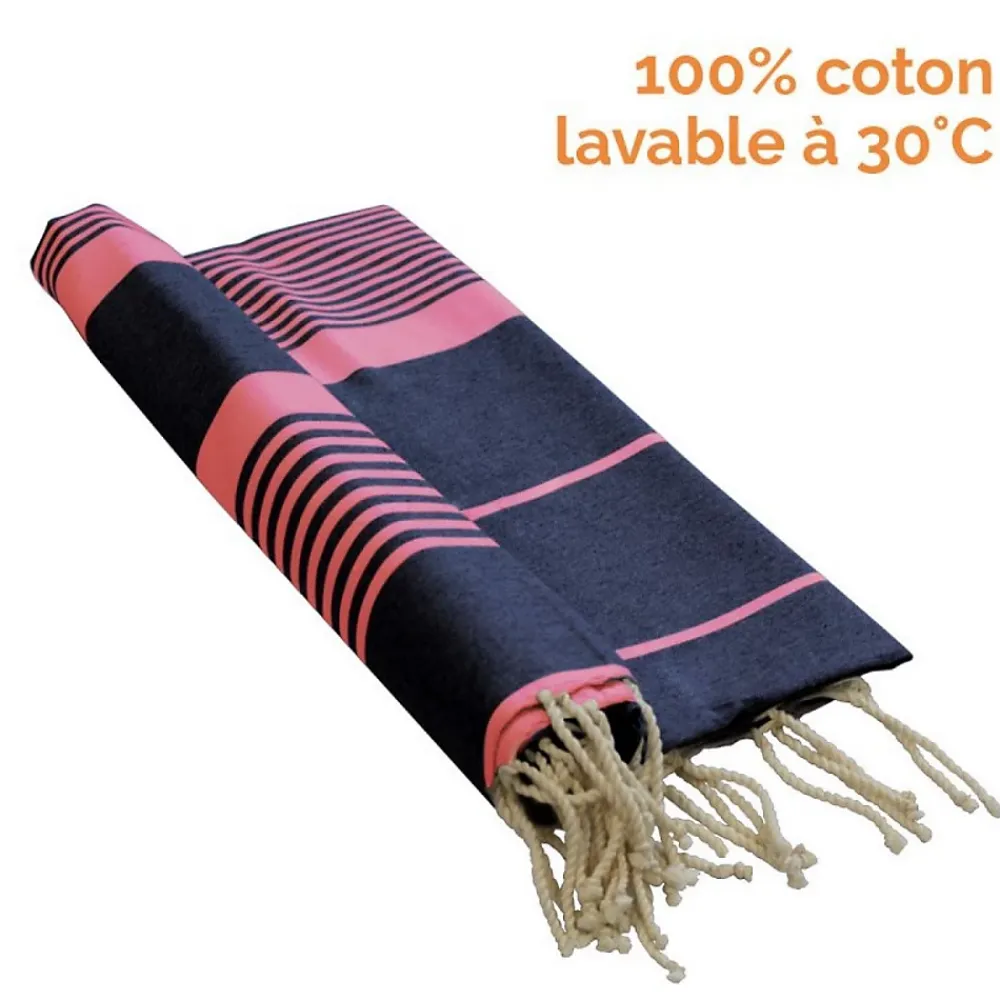Serviette De Bain|Vivezen Véritable fouta Tunisienne 1m x 2m tissage à plat 100% coton 380g - Gris foncé et rose -