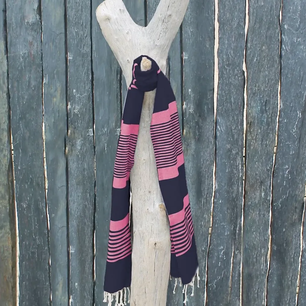 Serviette De Bain|Vivezen Véritable fouta Tunisienne 1m x 2m tissage à plat 100% coton 380g - Gris foncé et rose -